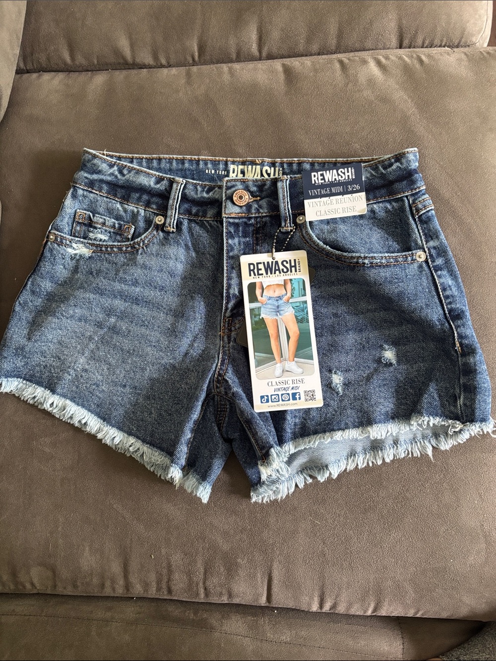 Rewash Classic Rise Dark Blue Frayed Denim Shorts